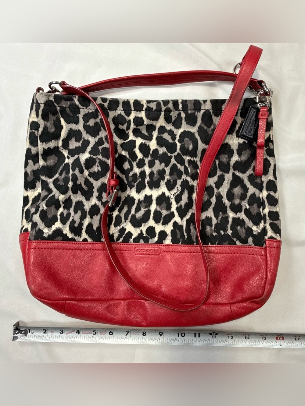 Coach Red Leather & Leopard-Print Crossbody  or Shoulder Tote.